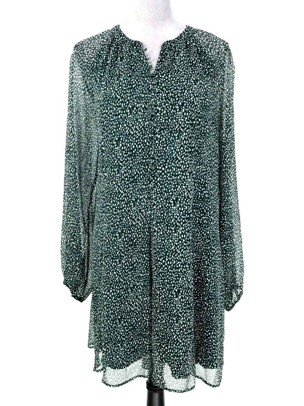 Joie Dress Womens XL Dark Green White Print Chiffon Lined Shift Sheer Sleeves